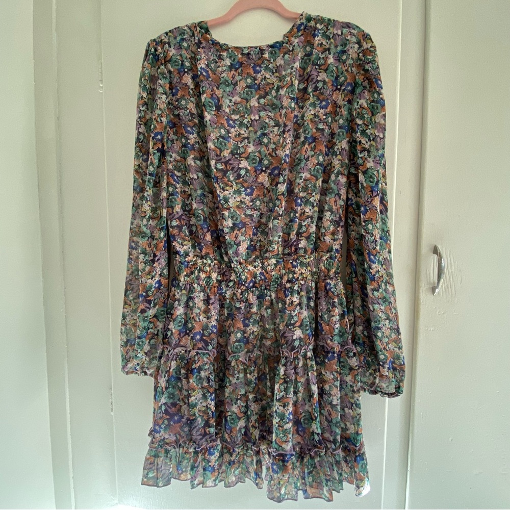 Anthro Flirty Floral Mini Dress L Long Sleeve Prairie Cowgirl Festival - Picture 3 of 8